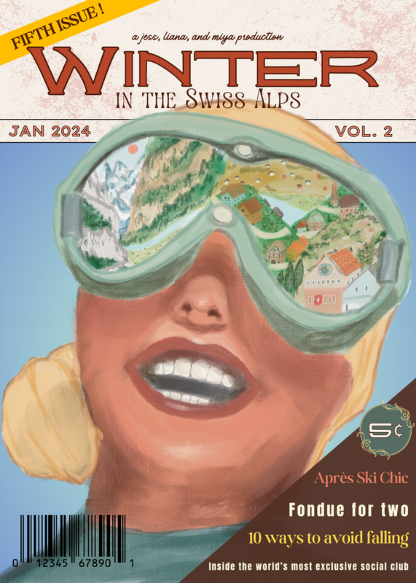 Magazine style postcard for Winter in the Swiss Alps, handdrawn snowboarder with a Swiss town in the reflection of her large goggles