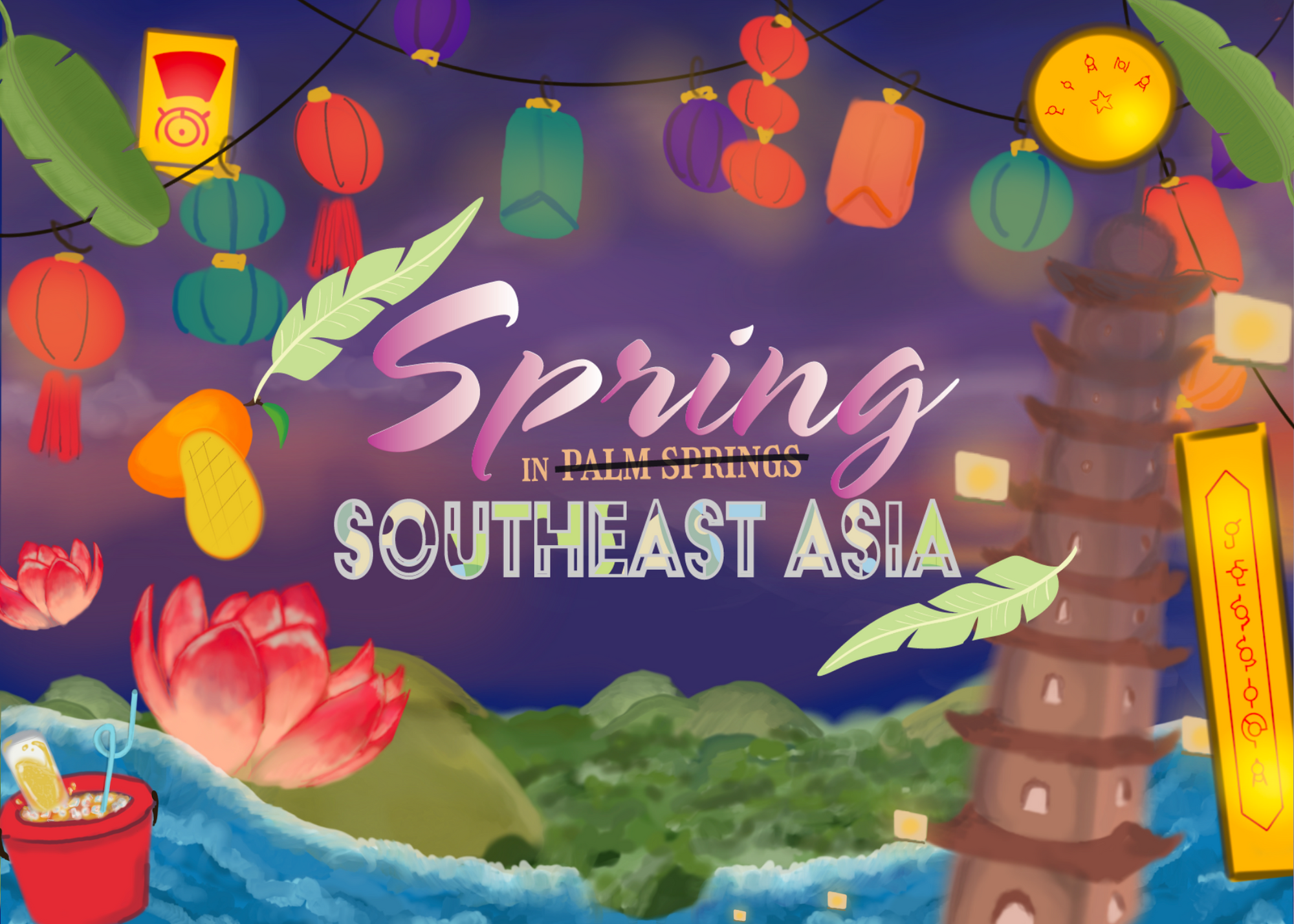 Spring in Southeast Asia postcard, glowing lanterns and southeast asian motifs on top of a purplish background